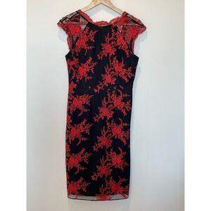 Adrianna Papell Hailey Dress, Size 6 Cap Sleeve Embroidered Red Black Lace